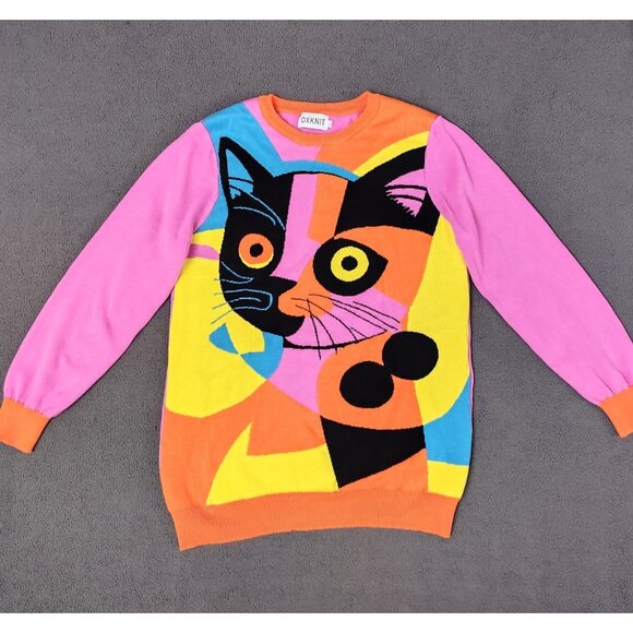 NWOT Oxknit Womens Psychedelic Cat Sweater Sz (L) Colorful Mod Long Sleeve Retro - Picture 3 of 7